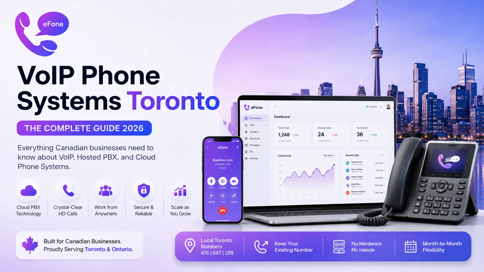 eFone cloud PBX working across mobile, web, and desk phones for a Toronto business